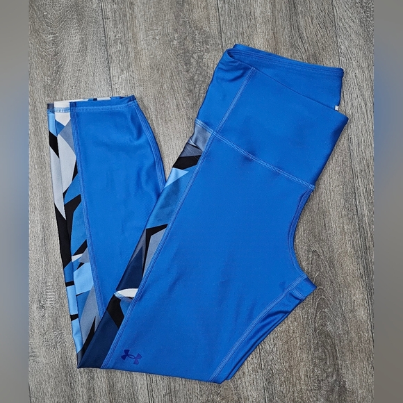 Women's Under Armour Blue Printed Panel Geometric Leggings-Size Medium - Picture 1 of 4